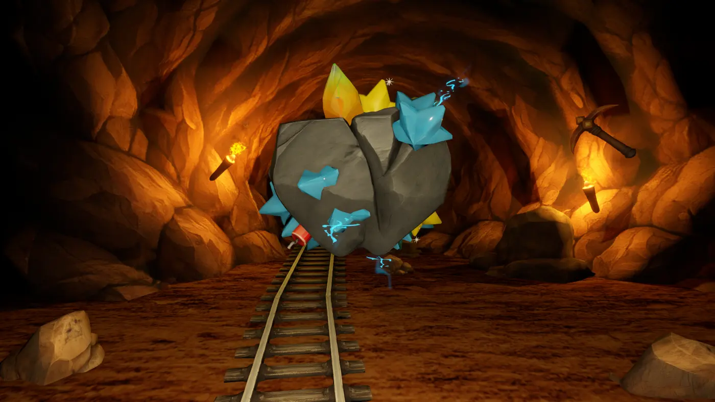 A gem-packed boulder rolling through a torchlit cave