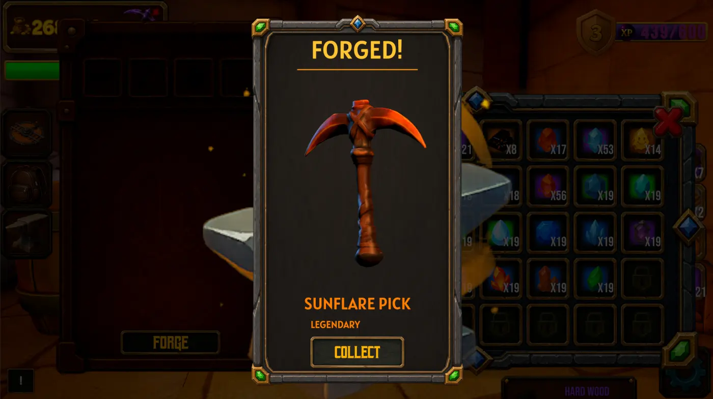 A legendary Sunflare Pick displayed after forging