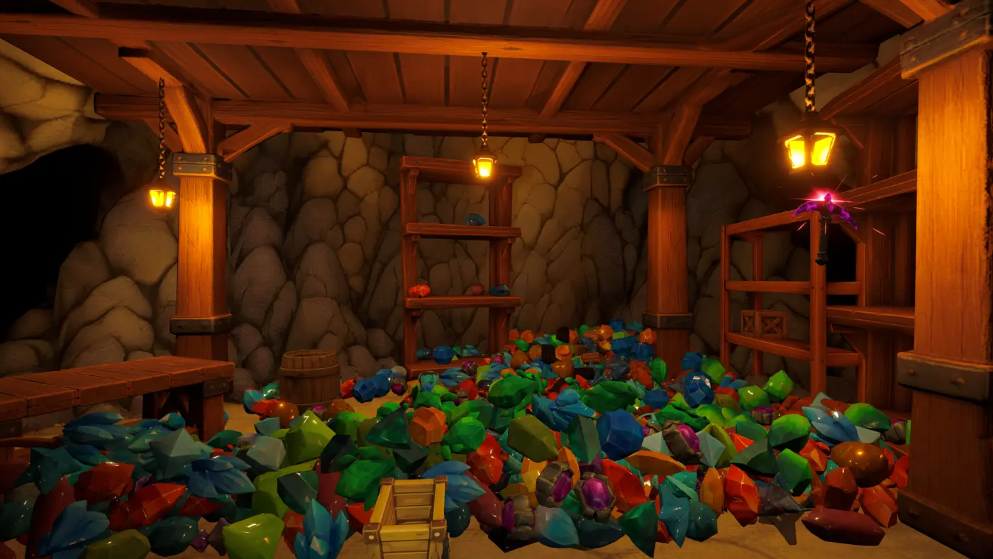 A wooden storage room filled with glowing gems