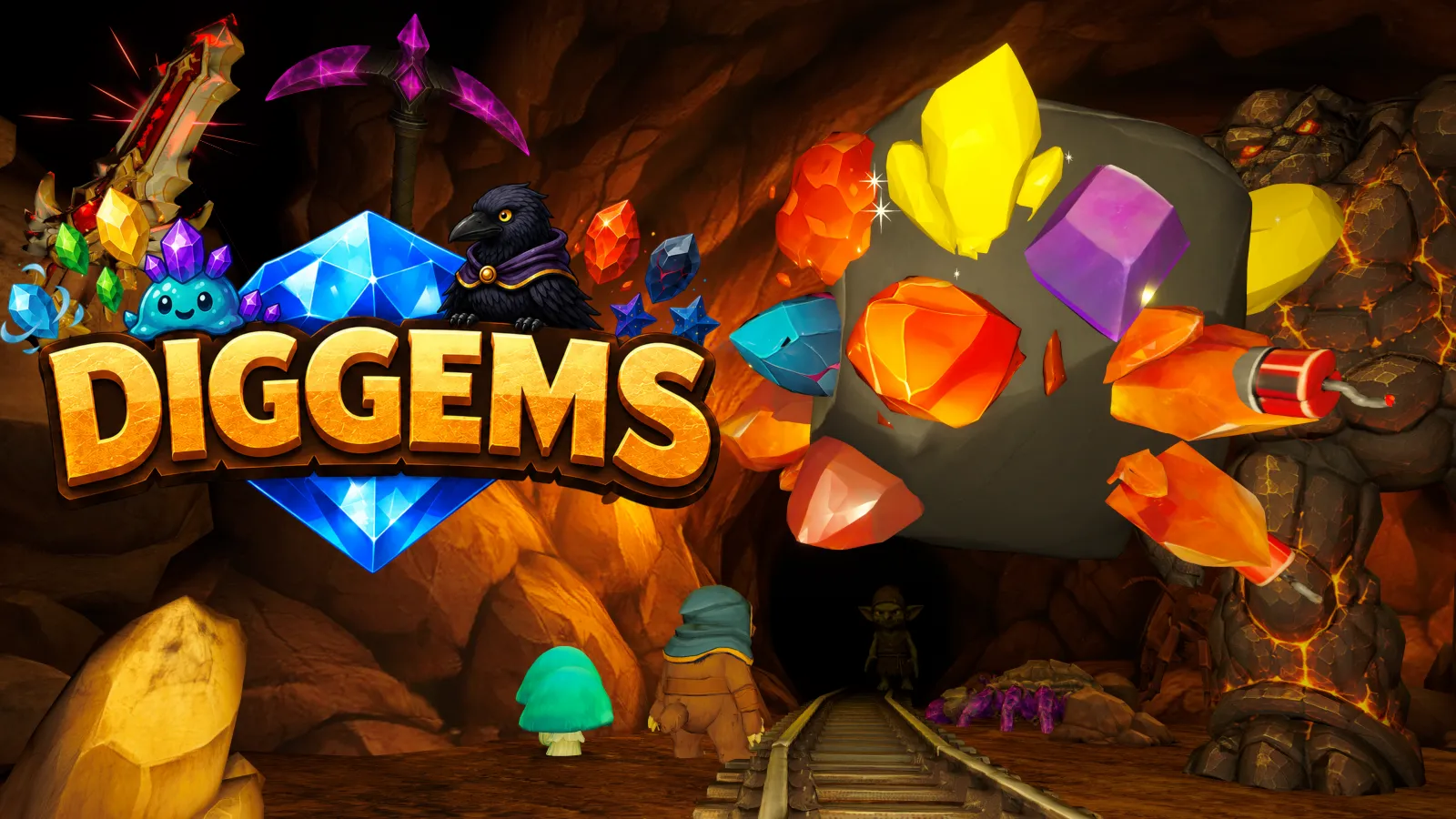 Diggems miners facing a huge boulder packed with colorful gems