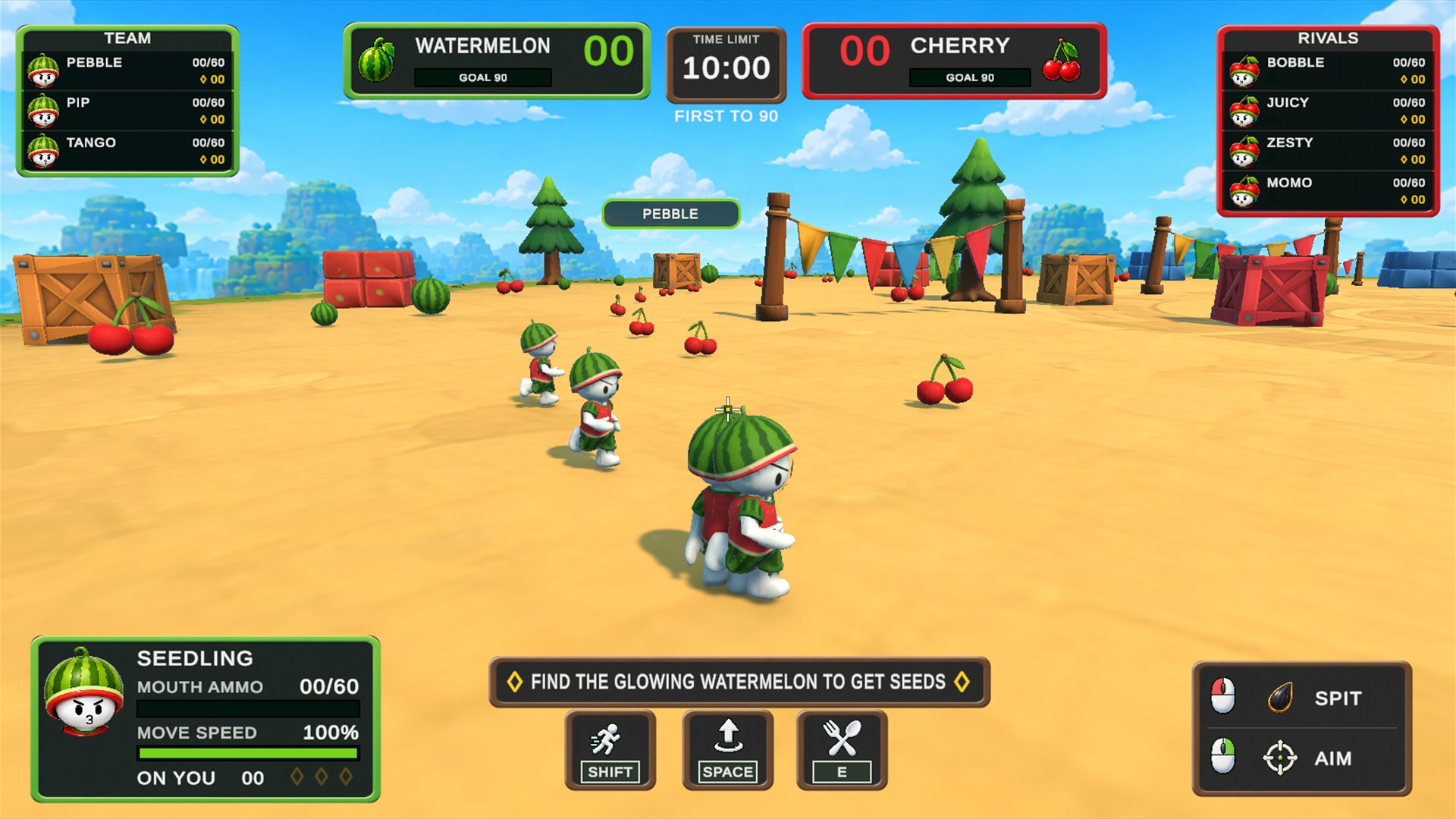A four-versus-four Spit Seeds match between watermelon and cherry teams