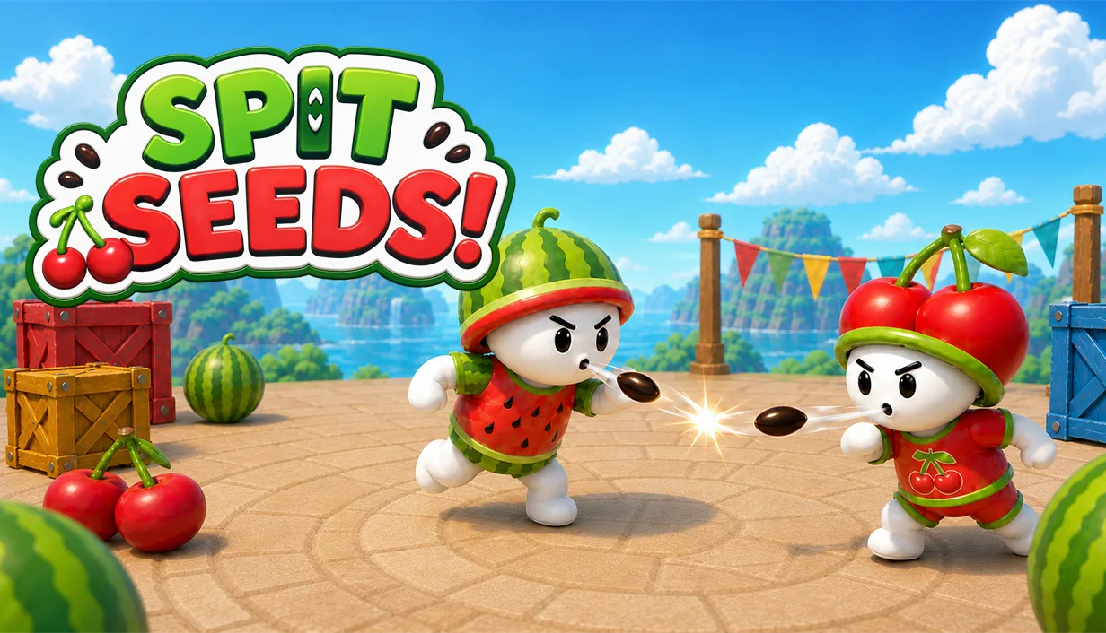 Watermelon and cherry characters spitting seeds in a sunny arena