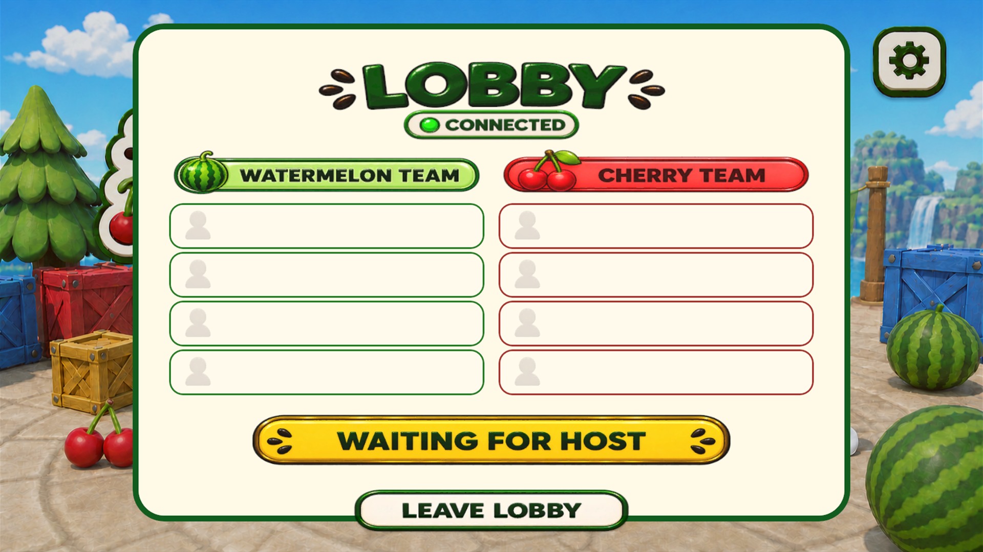 Spit Seeds multiplayer lobby with watermelon and cherry team slots