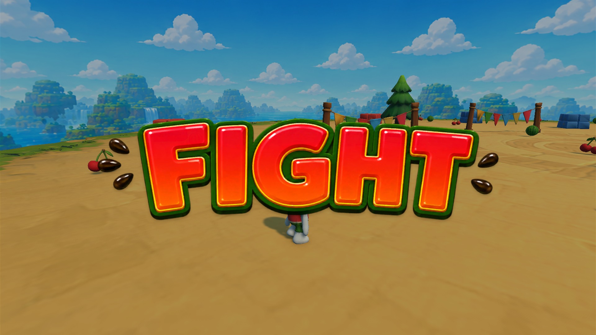 Spit Seeds players starting a match as the word Fight appears